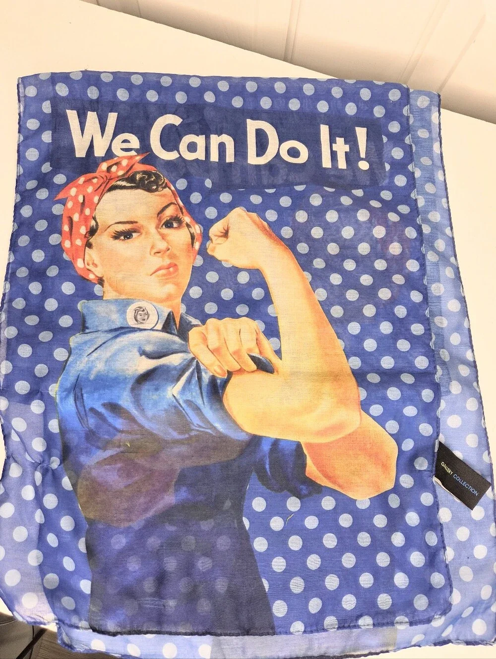 We Can Do It Rosie the Riveter Blue White Polka Dot Sheer Scarf Rockabilly - Picture 2 of 3